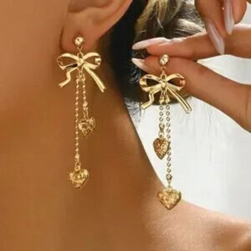Luxe Gold Tone Bow Heart Drop Earrings